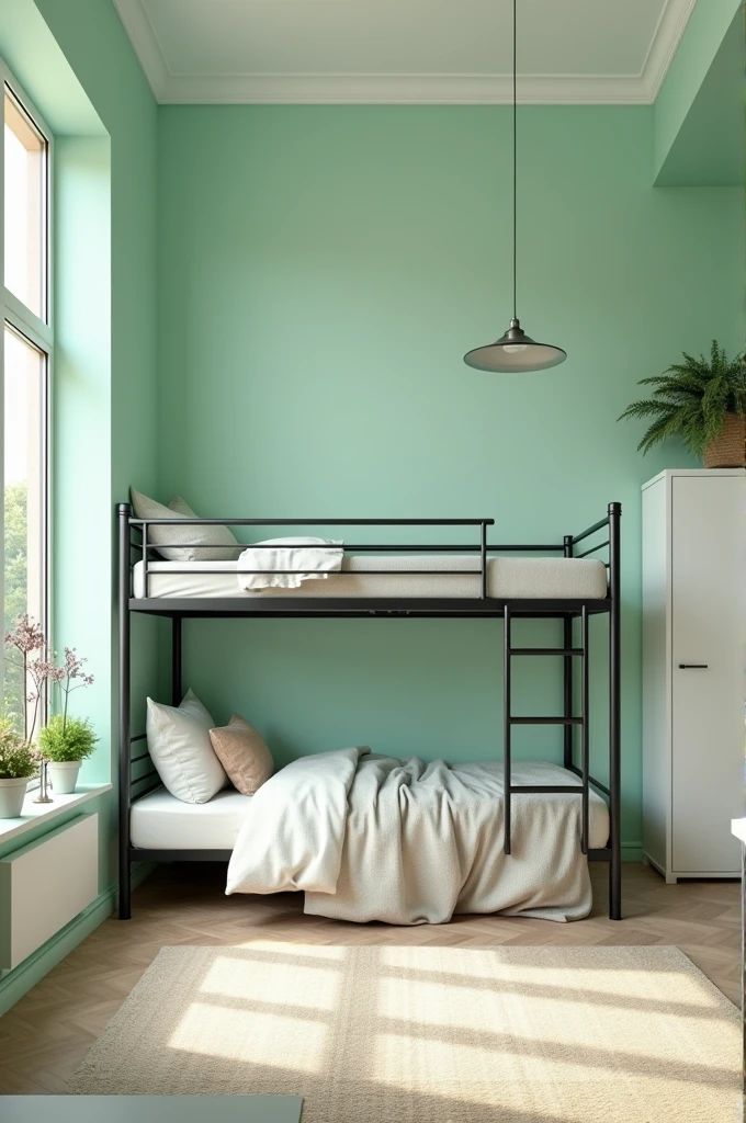 Aesthetic room with white and mint green color combination, with iron bunk bed, a white closet