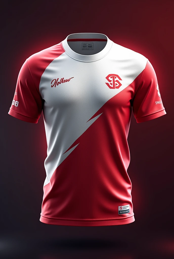 Creat a esports jersey for FS IN WHITE IN MAIN PART AND RED OVER WHITE IN SOME PLACE.write FURY SOILGERS IN MIDDLE.make Fs logo in right top.jersey look like nepal flag color.make it more red over white in dark red over white in front part expect in right top chest