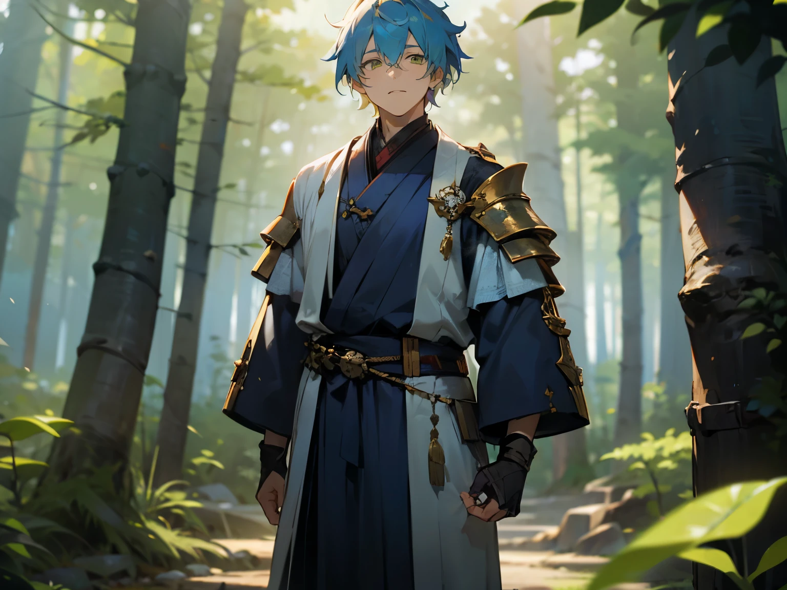 1male ,Armguard on one Arm, White Yukata , Messy Blue Hair ,Yellow Highlighted Hair, Green Eyes , Adult Male , Standing , Forest Background, Purple Trees , Calm Expression ,