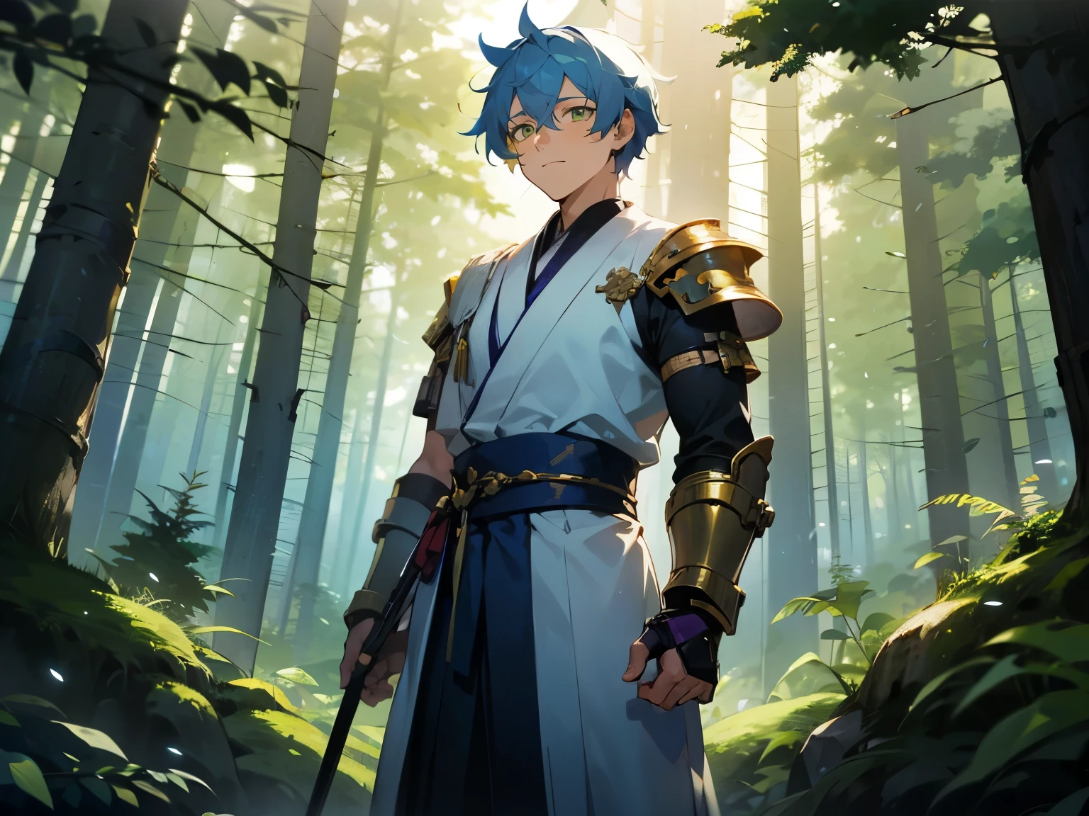 1male ,Armguard on one Arm, White Yukata , Messy Blue Hair ,Yellow Highlighted Hair, Green Eyes , Adult Male , Standing , Forest Background, Purple Trees , Calm Expression ,
