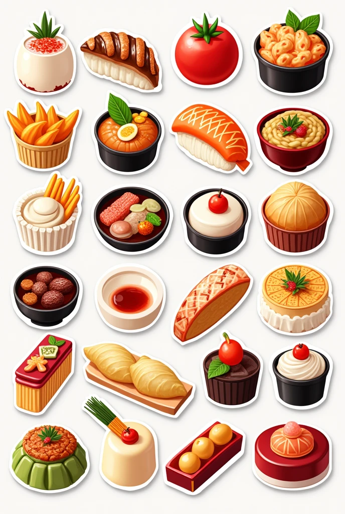 Show me a template of 25 stickers of Chinese and Japanese food and desserts 