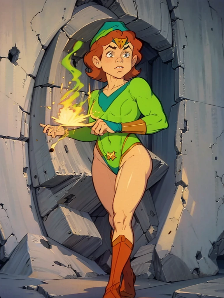 a redhead cartoon character, wonder woman outfit, green leotard, very muscular, male wizard, 1980s cartoon, animated episode still, Presto (((mad))), ((Wears a wizard hat))
