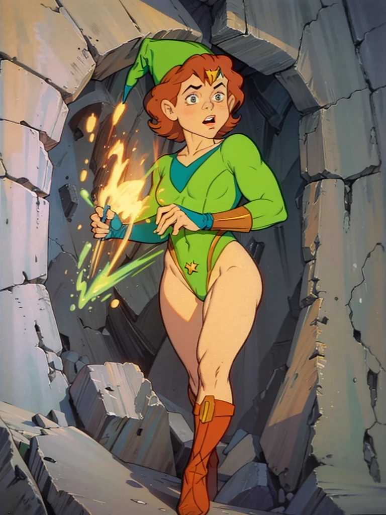 a redhead cartoon character, wonder woman outfit, green leotard, very muscular,  male wizard, 1980s cartoon, animated episode still, Presto (((mad))), ((Wears a wizard hat))