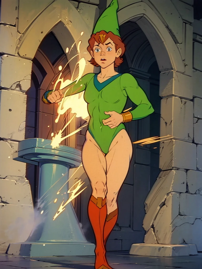 a redhead cartoon character, wonder woman outfit, green leotard, very muscular,  male wizard, 1980s cartoon, animated episode still, Presto (((mad))), ((Wears a wizard hat))