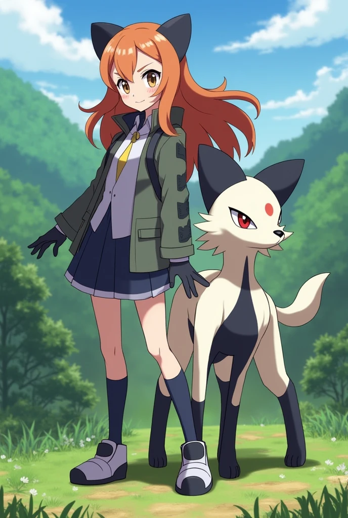 Female Pokémon Trainer, 2 copper brown hair, long, with brown eyes looking forward with an absol to one side