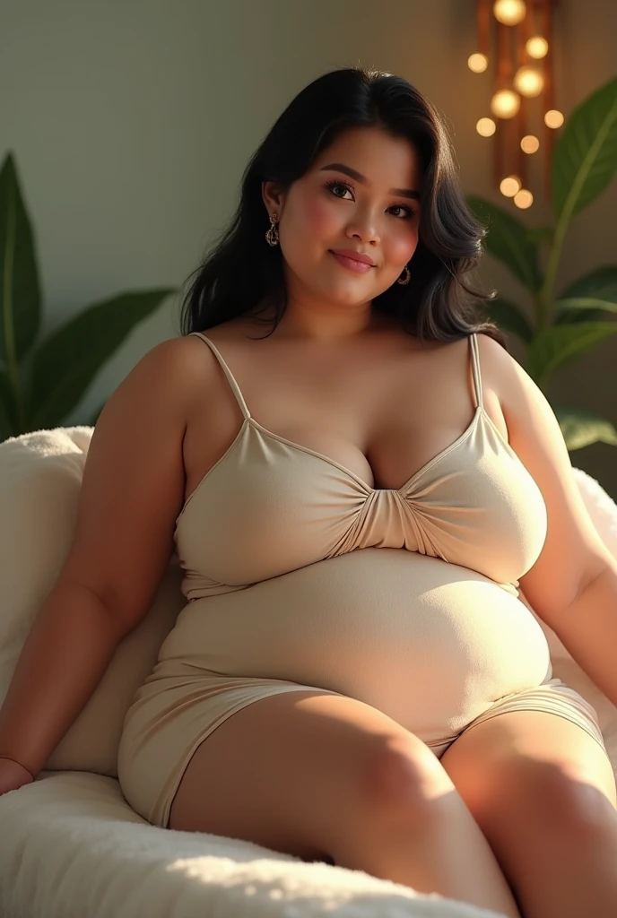 (photorealism:1.2), A beautiful Filipino woman, overweight, prone comfortably in a beauty spa, massage SPA, facing the camera. She wore a matching sundress and shorts. Black hair that rested softly on her shoulders. When he relaxes. The scenes are very realistic.