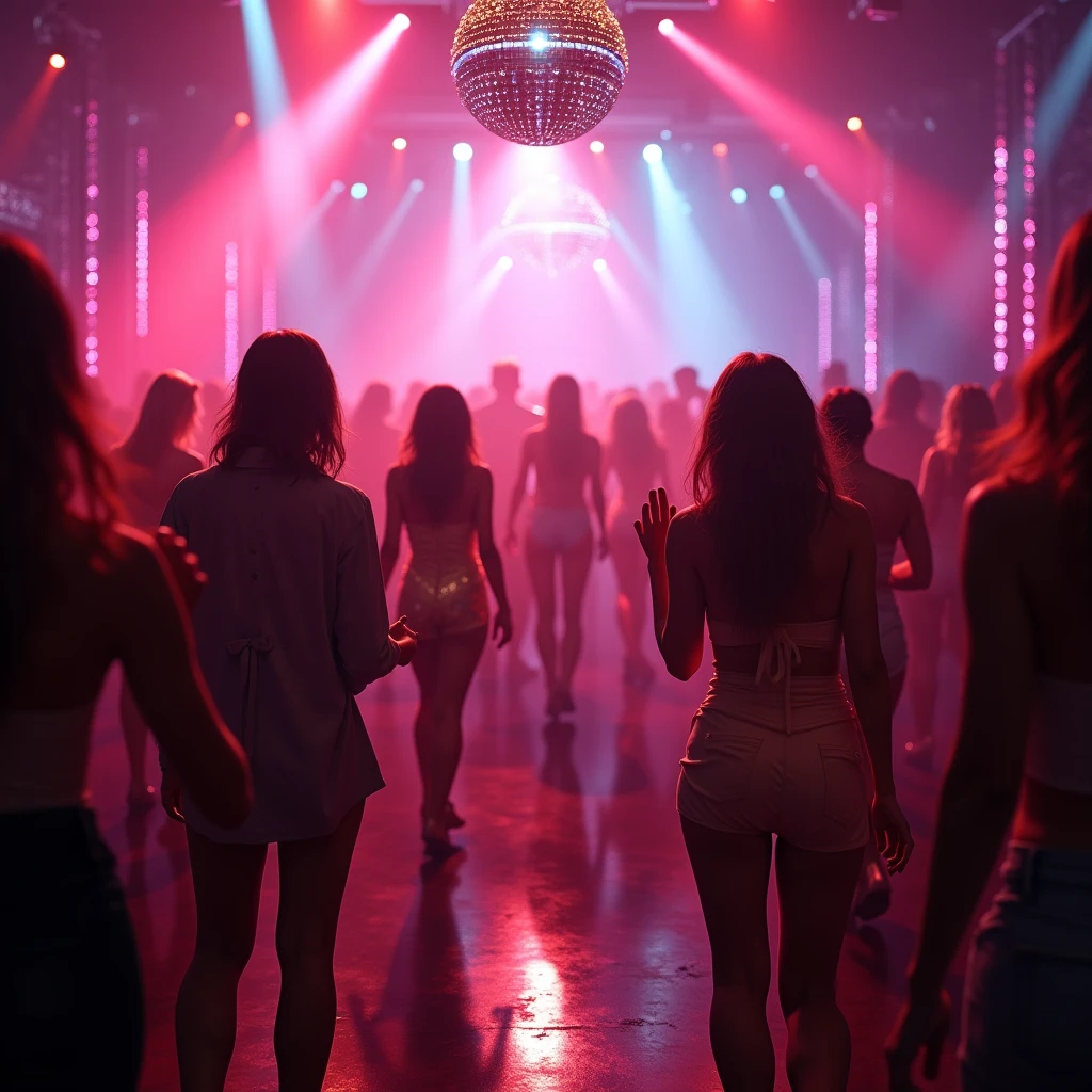 a crowded nightclub, people dancing, mirror ball, neon lights, vibrant colors, dynamic movement, high energy, hazy atmosphere, glowing lights, pulsing music, silhouettes, strobe lighting, reflective surfaces, stylish outfits, dramatic poses, close-up shots, wide angle, cinematic lighting, hyper-realistic, 8k, photorealistic, professional photography