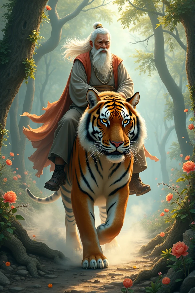 Asian old man riding a tiger