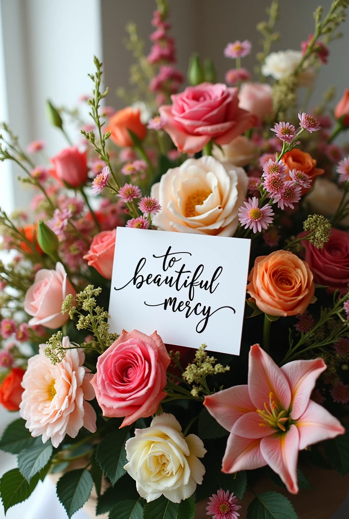 Create a banquet of flowers with a card Written "To beautiful Mercy"
