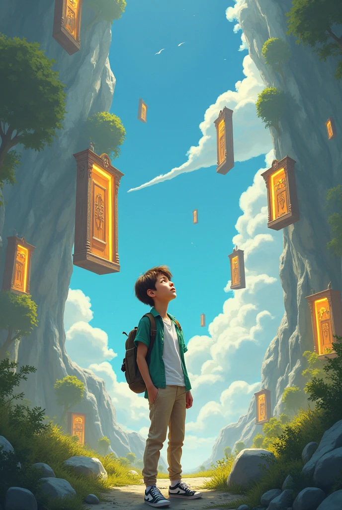 A ager with sh ort brown hair wearing a green shirt, white t-shirt, beige pants and sneakers amazed looking at the place of a surreal scene, with several floating doors around leading to different worlds.
