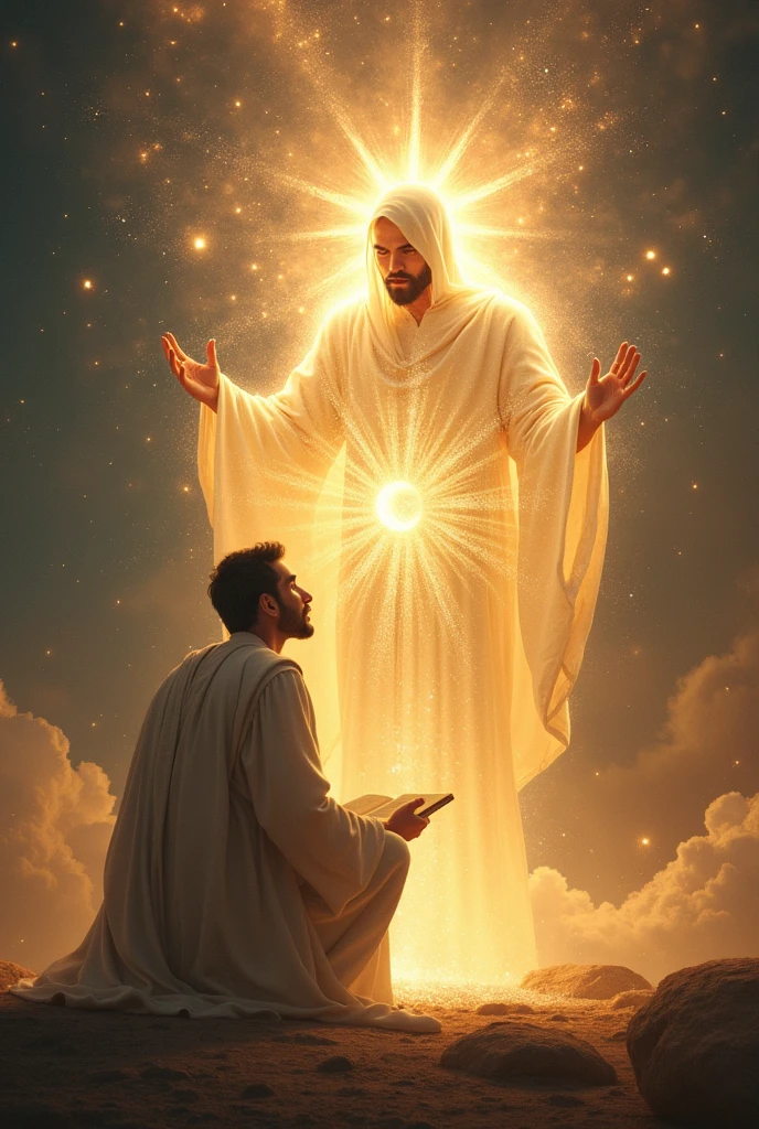 Adam receiving knowledge: In the second image, Adam is kneeling before a celestial figure, presumably Allah. He is receiving knowledge or a divine message. This scene highlights Adam's role as the first prophet and teacher of humanity.