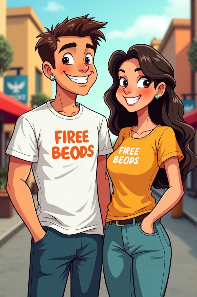 Cartoon of a man wearing a k shirt and a woman w shirt
