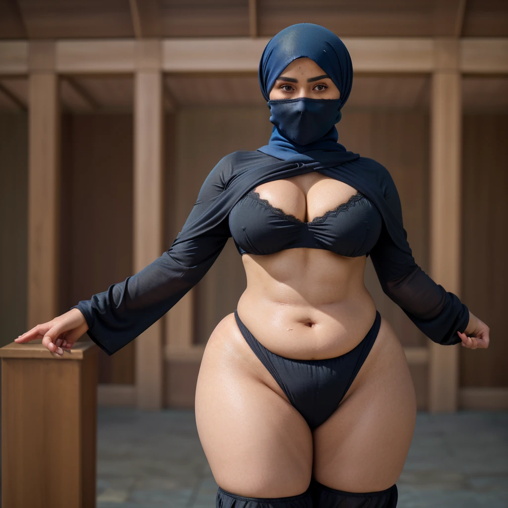 Girl wearing hijab, sexy body, with sexy fat abs, thick thighs, 4k resolution, thick body, large chest, large areole, sexy gesture, wear strict muslim outfit, realistic woman, western, vibrant color grading, bokeh, wear niqab.