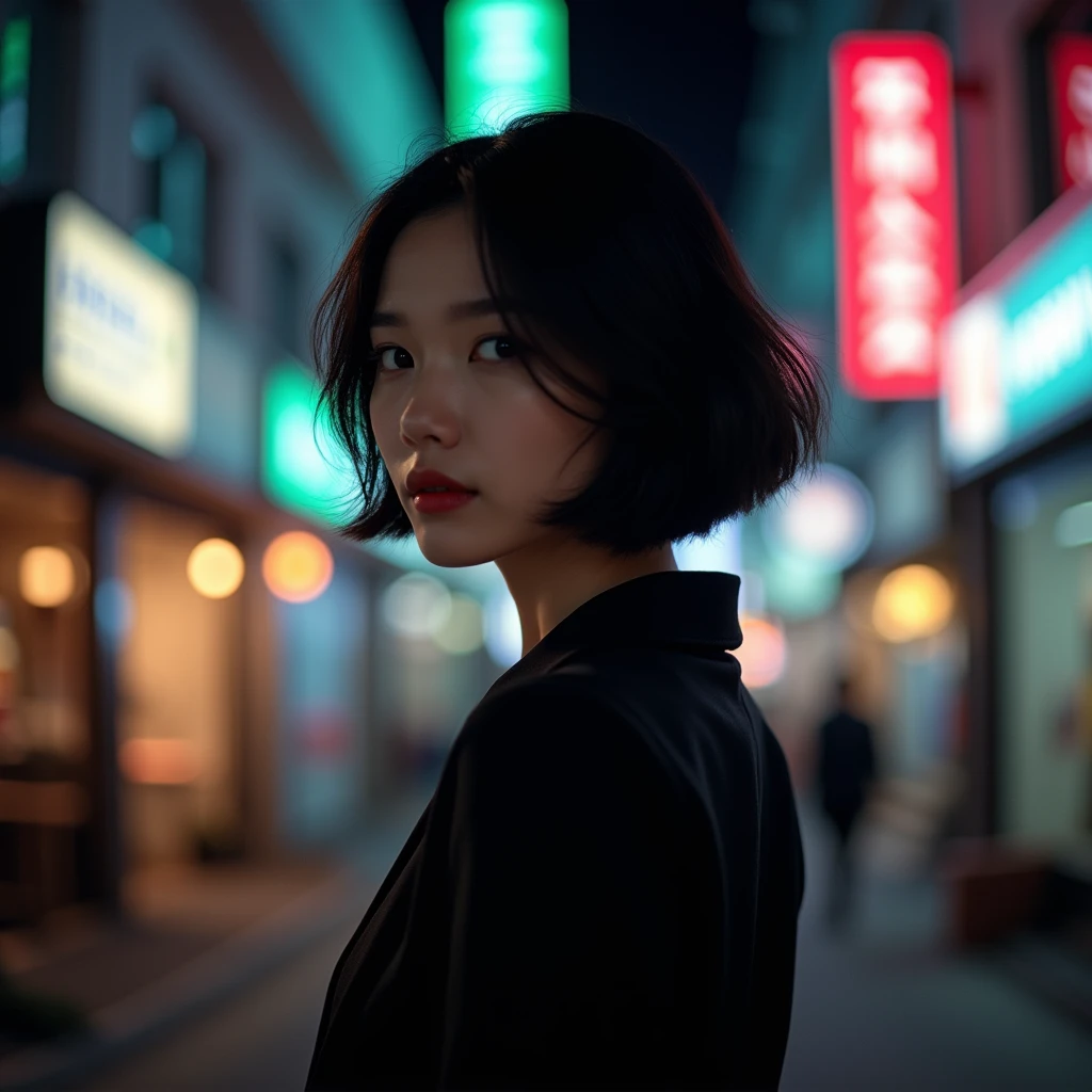 "Photo taken from behind of a young Korean woman with short hair and an attractive silhouette, with her face not visible, dressed elegantly, seen from the back on a Korean street at night, evoking a sense of travel."