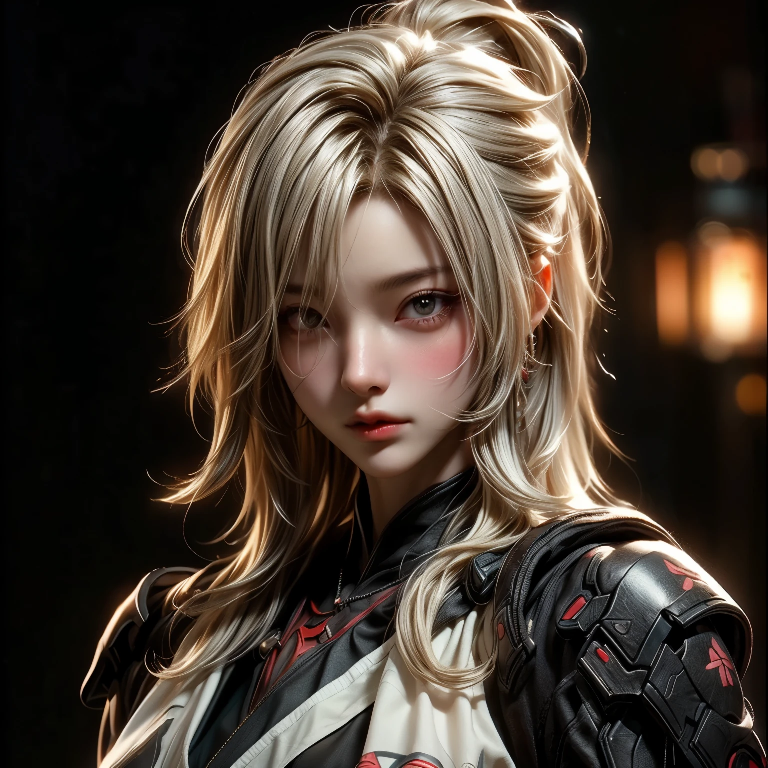 (best quality)), ((Masterpiece)), (details:1.4), 3d, HDR (high dynamic range), an image of a beautiful cyberpunk female, Hips up, cyberpunk, Blonde hair, Curtain Bangs, beautiful White eyes, จมูกโด่ง, ปากแดง, หน้าอกใหญ่, nvidia RTX, PBR surface, After processing, Anisotropic filtration,depth of field, Maximum clarity and clarity, multi-layered surface, Subsurface scattering, perfect proportions, 8K raw files, ultra detailed, Perfect proportions, volumetric lighting, soft lighting, Holy Paladin, Heavy black Armor, glossy skin, Castle background, jewely, ต่างหู, นิ้วมือสมบูรณ์,