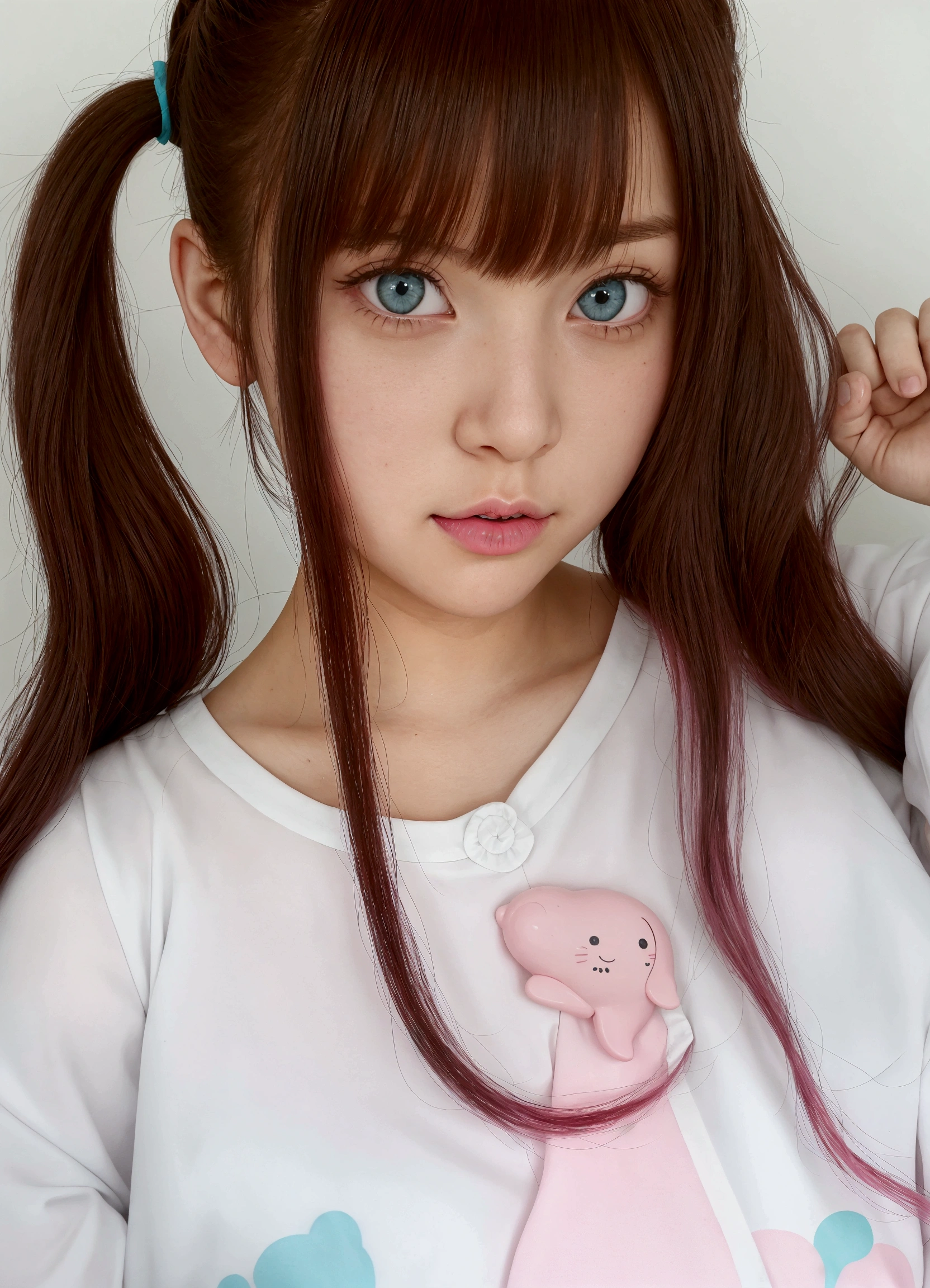 There is a young woman with a ponytail and a white shirt, Pink hair and cyan eyes., two tails hairstyle, beautiful dolphin, Cute kawaii girl, two tails, sakimichan, kawaii hairstyle, beautiful natural anime face, shikami, sakimi-chan, Kawaii realistic portrait, anime girl in real life, chiho