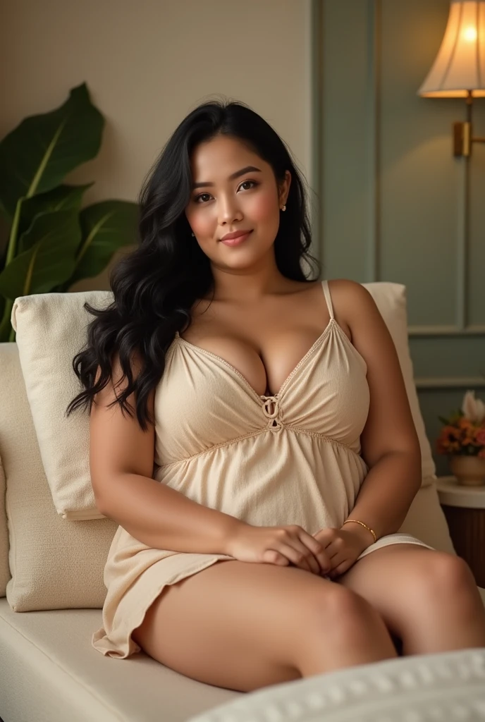(photorealism:1.2), A beautiful Filipino woman, overweight, prone comfortably in a beauty spa, massage SPA, facing the camera. She wore a matching sundress and shorts. Black hair that rested softly on her shoulders. When he relaxes. The scenes are very realistic.