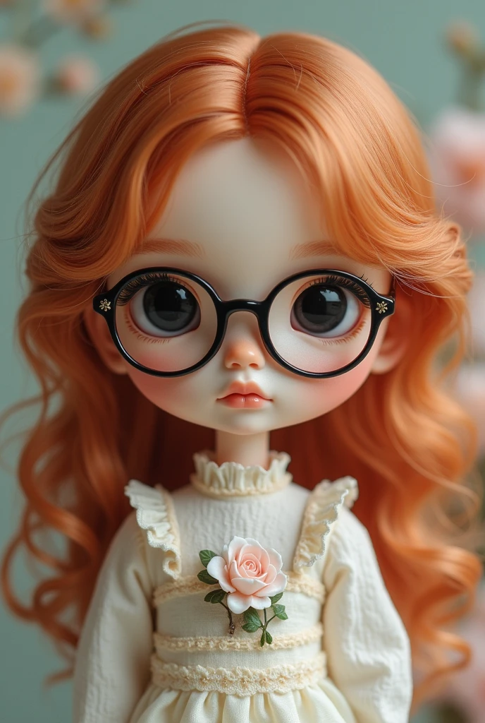 Blythe doll style doll, reddish copper hair, black eyes, glasses