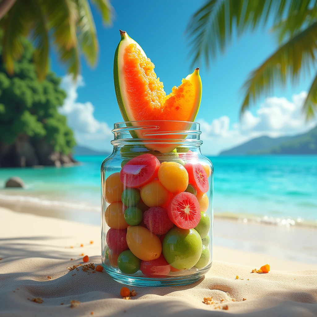 Best image quality、Highest quality、up、masterpiece、Tropical Beach、Mr.々な色に輝くガラスのjamの容器、Stent Glass、colorful、orange、jam、Gorgeous image、Surf-shaped fruit popping out of the lid