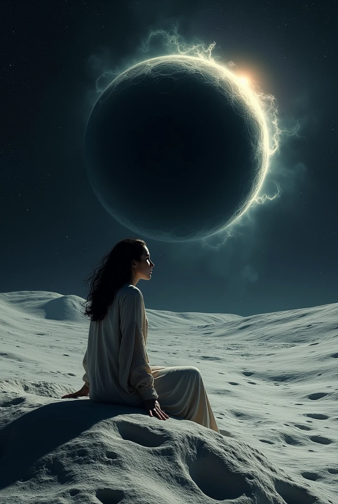 Woman sitting on the moon looking at a monstrous black hole with the reflection in her eyes