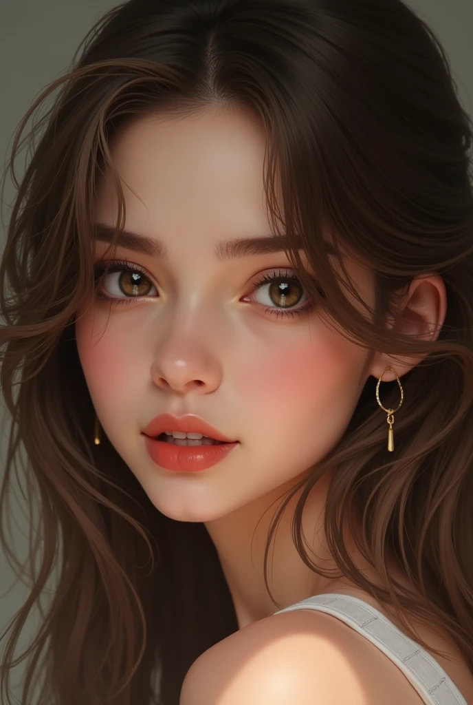 A brown-haired girl with eyes that catch you with seductive lips with a little determination in her eyes and also a beautiful smile