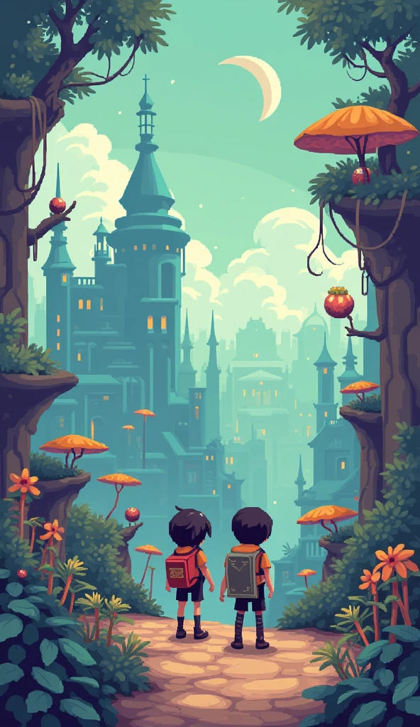 pixel art, two lost people looking for a market two lost people looking for a market, with map in hand, market appears far from pixel world, pixel fantasy world