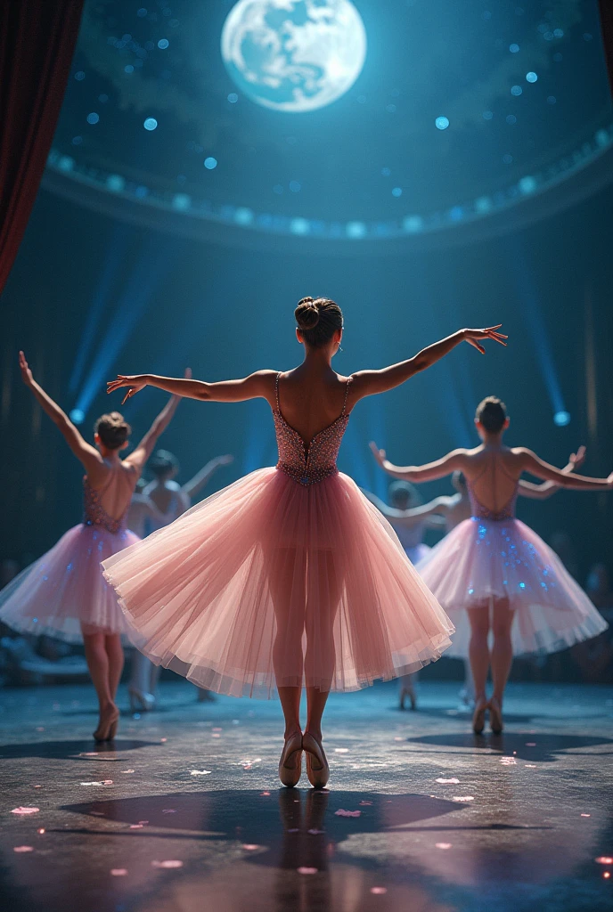 ballet。Ballerinas with elegant poses and movements dance gracefully on the stage。With soft lighting and excellent shadow expression、Express an emotional and romantic atmosphere。Be attracted by the subtle details and vividness of colors in dresses and tights。The stage background is fantastic.、Starry sky and moonlight sparkle、Enhance your dance performance。