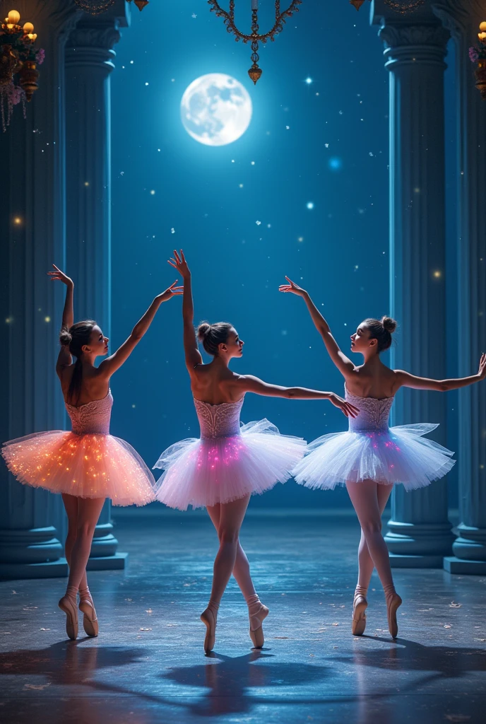 ballet。Ballerinas with elegant poses and movements dance gracefully on the stage。With soft lighting and excellent shadow expression、Express an emotional and romantic atmosphere。Be attracted by the subtle details and vividness of colors in dresses and tights。The stage background is fantastic.、Starry sky and moonlight sparkle、Enhance your dance performance。