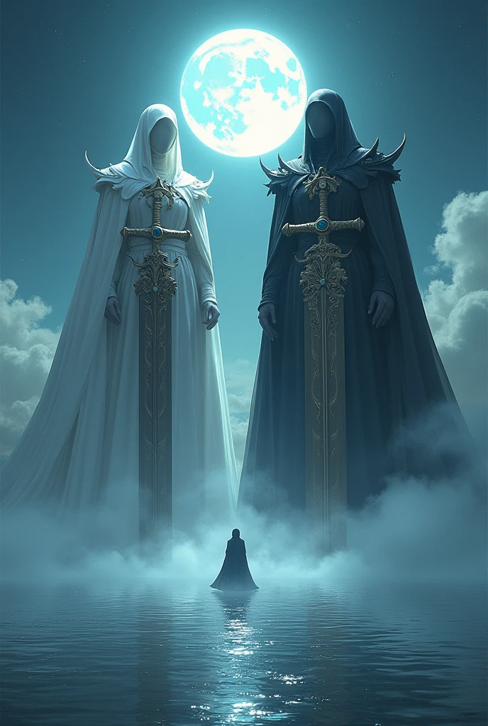 A infinite domain looking like heaven looking from earth , two giants royal guardian protecting it one white and black looks like rulers from solo leveling with their big mythical sword , surface like infinite ocean , it's night with beautiful quite moon looking like peace before a great disaster the guardians reveal no face and the domain is very big
