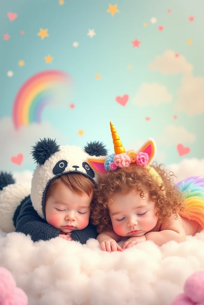 Make a watercolor type image of a **** dressed as a panda bear with curly brown hair next to a **** dressed as a colorful unicorn with long curly brown hair lying on a cloud with a rainbow, stars and hearts in light colors 