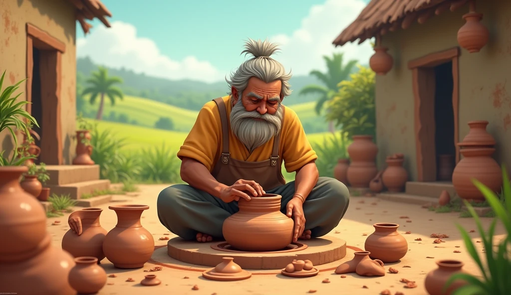 "A skilled potter named Ramu in a small, rustic village, working on a pottery wheel. He is surrounded by unfinished and broken pots, reflecting his challenges. The village is serene, with simple houses and fields in the background."
Cinematic cartoon steal