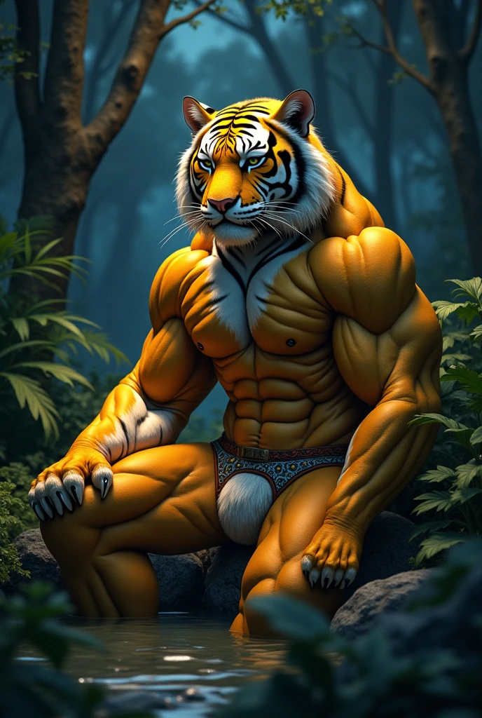 (photorealism:1.2), A muscular anthropomorphic yellow tiger wearing a thong lying in a forest at night about to take a bath
