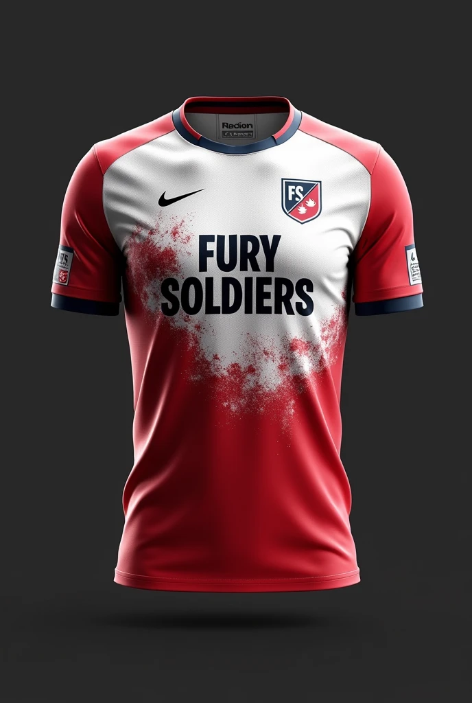 Creat a esports jersey for FS IN WHITE IN MAIN PART AND RED OVER WHITE IN SOME PLACE.write FURY SOILGERS IN MIDDLE.make Fs logo in right top.jersey look like nepal flag color.make it more red over white in dark red over white in front part expect in right top chest like spray .make it more stylish.write furry soilder in front