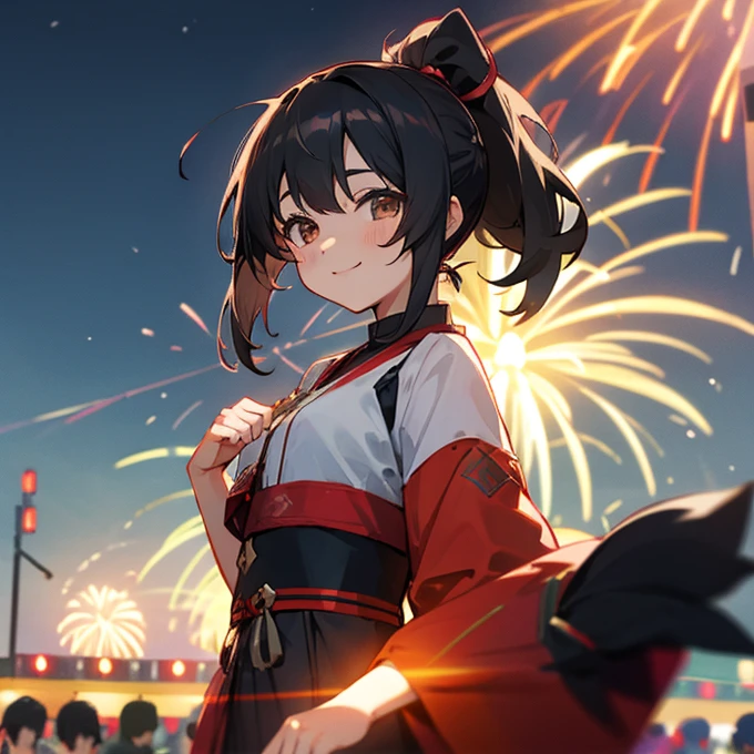 Girl, yukata, black hair, ponytail, smile, night, fireworks, festival, summer, chest emphasis