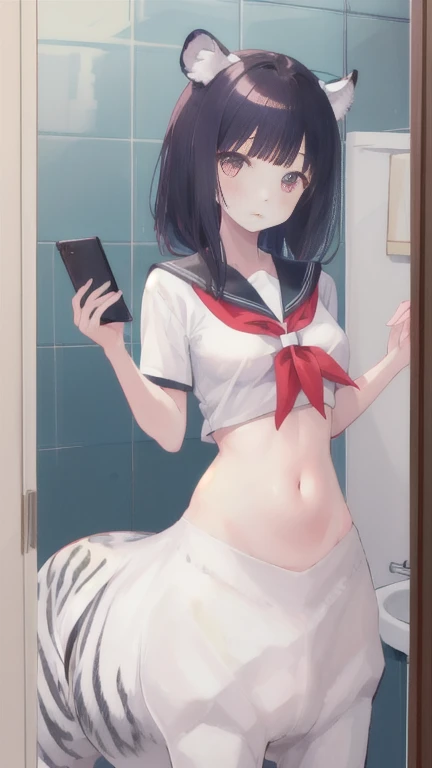 teens girl、mirror selfie、HENTAI BUNNY GIRL、Ribbon Ties、A dark-haired、stright long hair、​masterpiece、highcontrast、cinematlic lighting、Detailed shading、top-quality、Top image quality