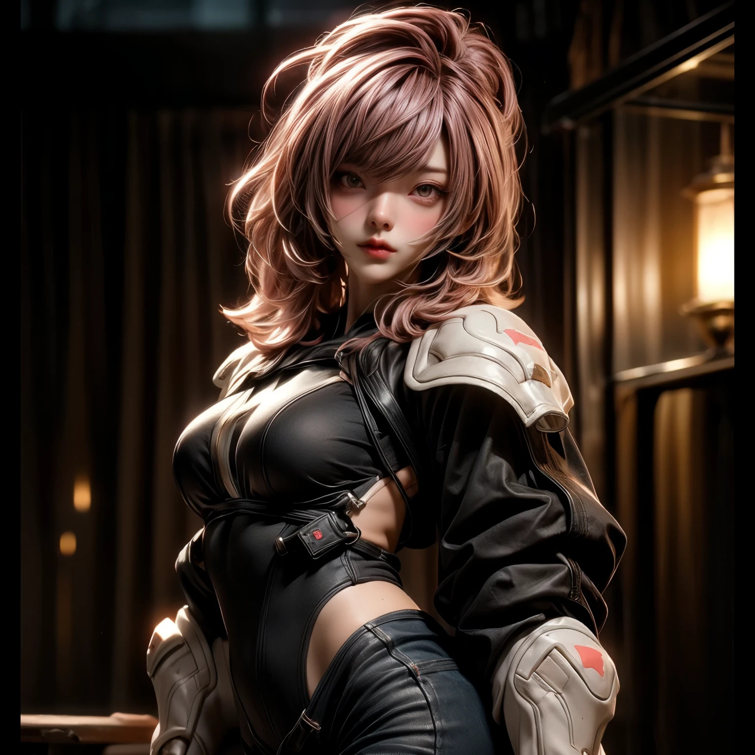 (best quality)), ((Masterpiece)), (details:1.4), 3d, HDR (high dynamic range), an image of a beautiful cyberpunk female, Hips up, cyberpunk, pink hair, Curtain Bangs, beautiful Red eyes, จมูกโด่ง, ปากแดง, หน้าอกใหญ่, nvidia RTX, PBR surface, After processing, Anisotropic filtration,depth of field, Maximum clarity and clarity, multi-layered surface, Subsurface scattering, perfect proportions, 8K raw files, ultra detailed, Perfect proportions, volumetric lighting, soft lighting, Holy Paladin, Heavy black Armor, glossy skin, Castle background, jewely, ต่างหู, นิ้วมือสมบูรณ์,