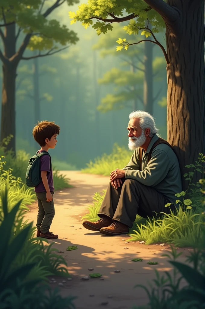 **Meeting the Elderly Man**:
- "An elderly man with a frail appearance and kind eyes, sitting by the side of a forest path. Ramu approaches him with a concerned expression