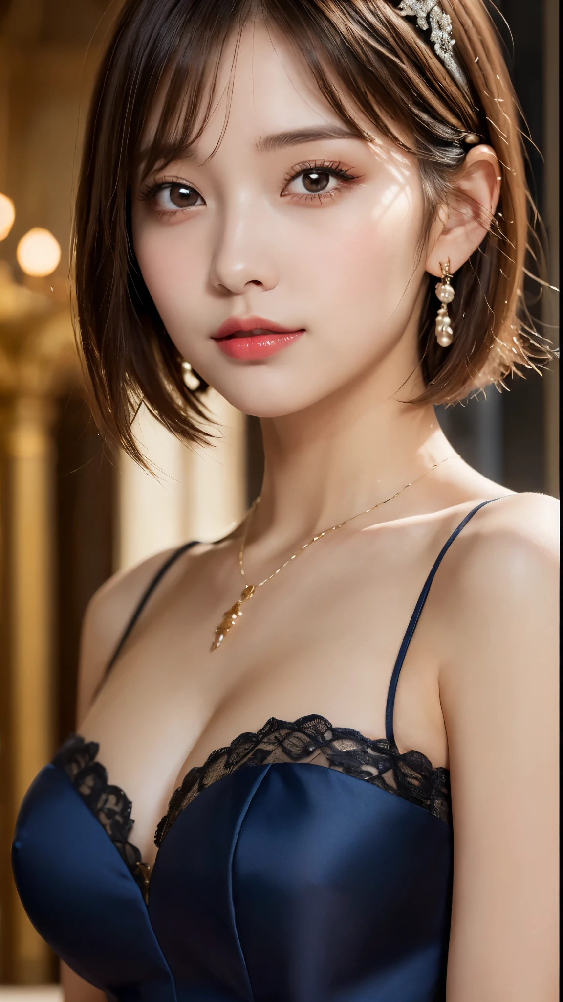(Photorealistic, 32k, RAW photo, best quality:1.4), (masterpiece:1.3), (ultra high resolution, ultra realistic, highly detailed, golden ratio, ultra detailed), 1 beautiful woman, natural makeup, intricate cloth texture, finely detailed hair texture, beautiful full-body, perfect female form, anatomically accurate, highly detailed face and skin, (elegant hands), (realistic skin), (beautiful pale skin:1.1), (extreme close-up:2.0), (Oversized Breasts), (Wearing blue Ball Gown:1.5), (Tiara, Earrings, Pendant),
BREAK,
realistic eyes, captivating detailed eyes, symmetric eyes, light brown eyes, double eyelids, thin eyebrows, (glossy lips:1.4), (kissable expression, blush:1.3),
BREAK,
((short bob cut, dark brown hair, bangs:1.2)), (Late Night, Moonlit night, Castle balcony:1.3)