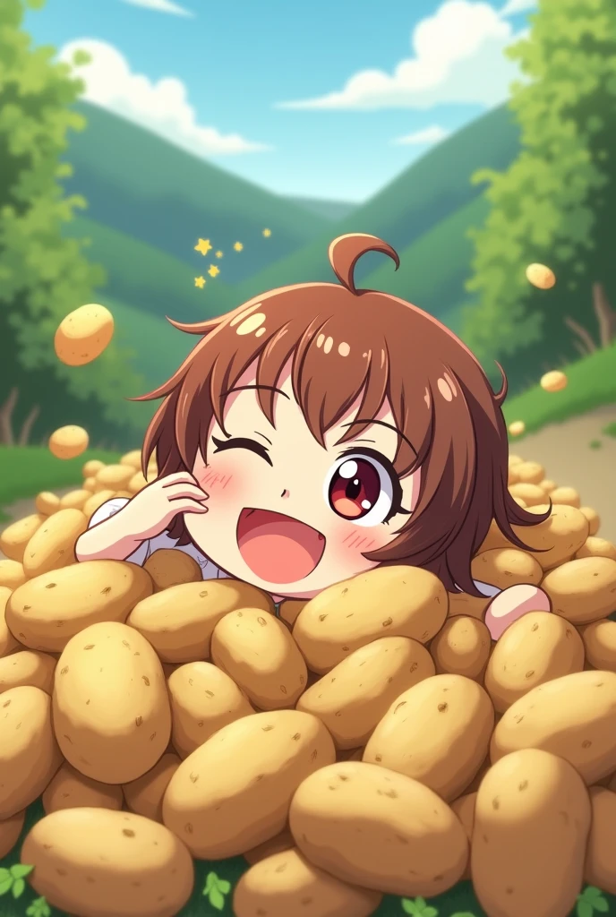Healing anime style。One fell into a pile of potatoes, touched his head and laughed