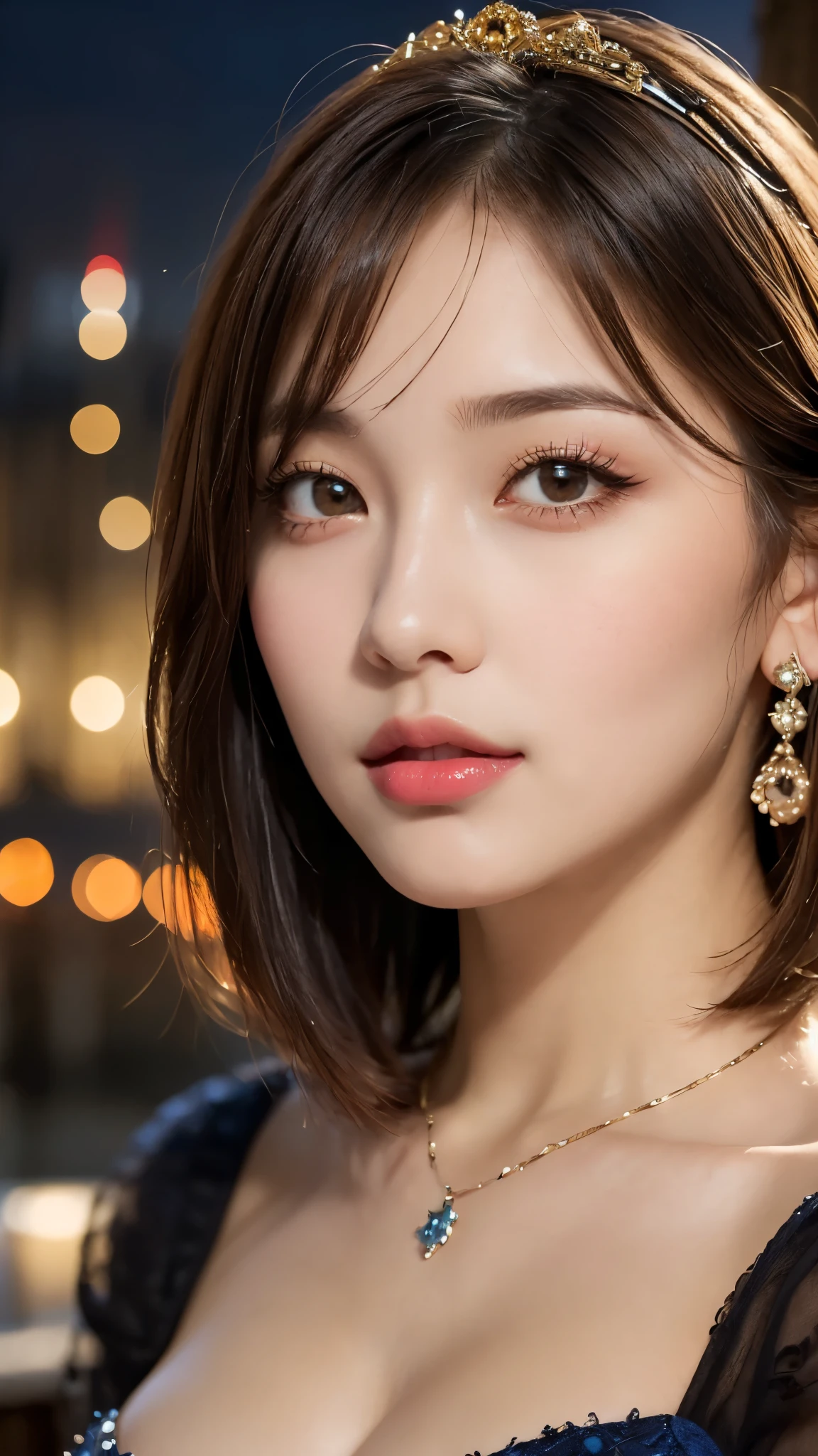 (Photorealistic, 32k, RAW photo, best quality:1.4), (masterpiece:1.3), (ultra high resolution, ultra realistic, highly detailed, golden ratio, ultra detailed), 1 beautiful woman, natural makeup, intricate cloth texture, finely detailed hair texture, beautiful full-body, perfect female form, anatomically accurate, highly detailed face and skin, (elegant hands), (realistic skin), (beautiful pale skin:1.1), (extreme close-up:2.0), (Oversized Breasts), (Wearing blue Ball Gown:1.5), (Tiara, Earrings, Pendant), 
BREAK,
realistic eyes, captivating detailed eyes, symmetric eyes, light brown eyes, double eyelids, thin eyebrows, (glossy lips:1.4), (kissable expression, blush:1.3), 
BREAK,
((short bob cut, dark brown hair, bangs:1.2)), (Late Night, Moonlit night, Castle balcony:1.3)
