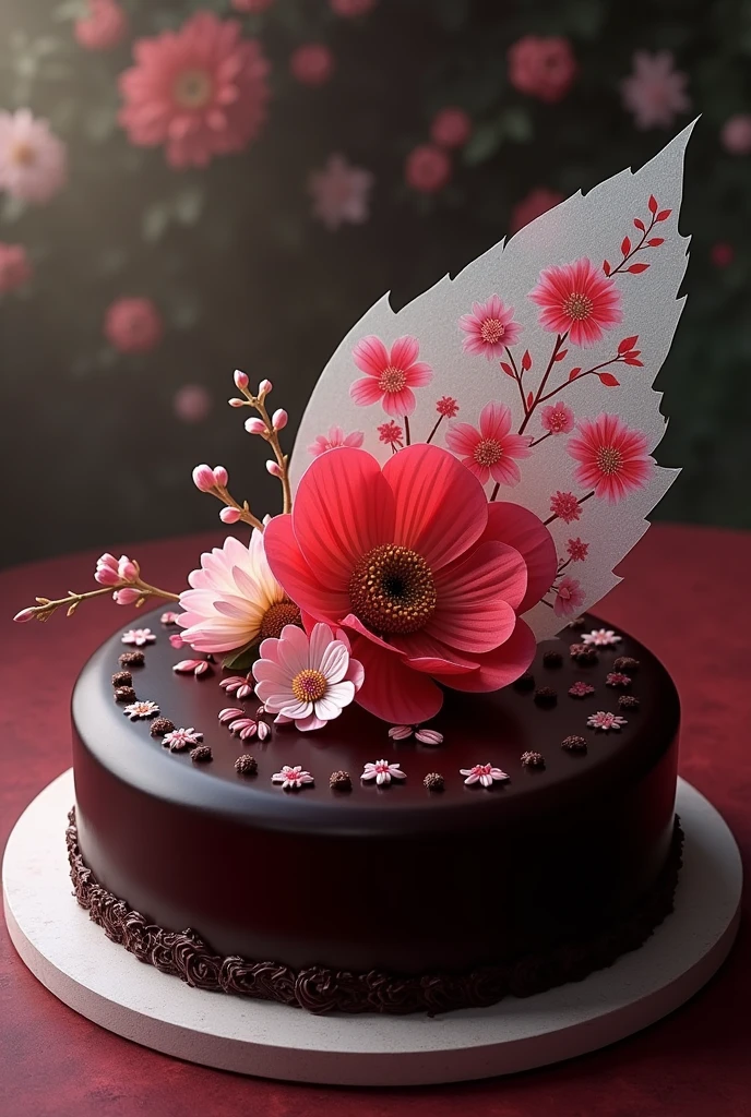Birthday cake covered with dark chocolate ganache, with a part of rice paper printed with flowers related to the theme of seshomaru from the anime Inuyasha