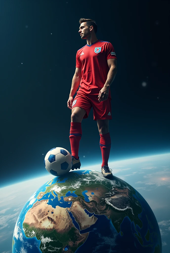 European football player stepping on planet earth as if it were a football 