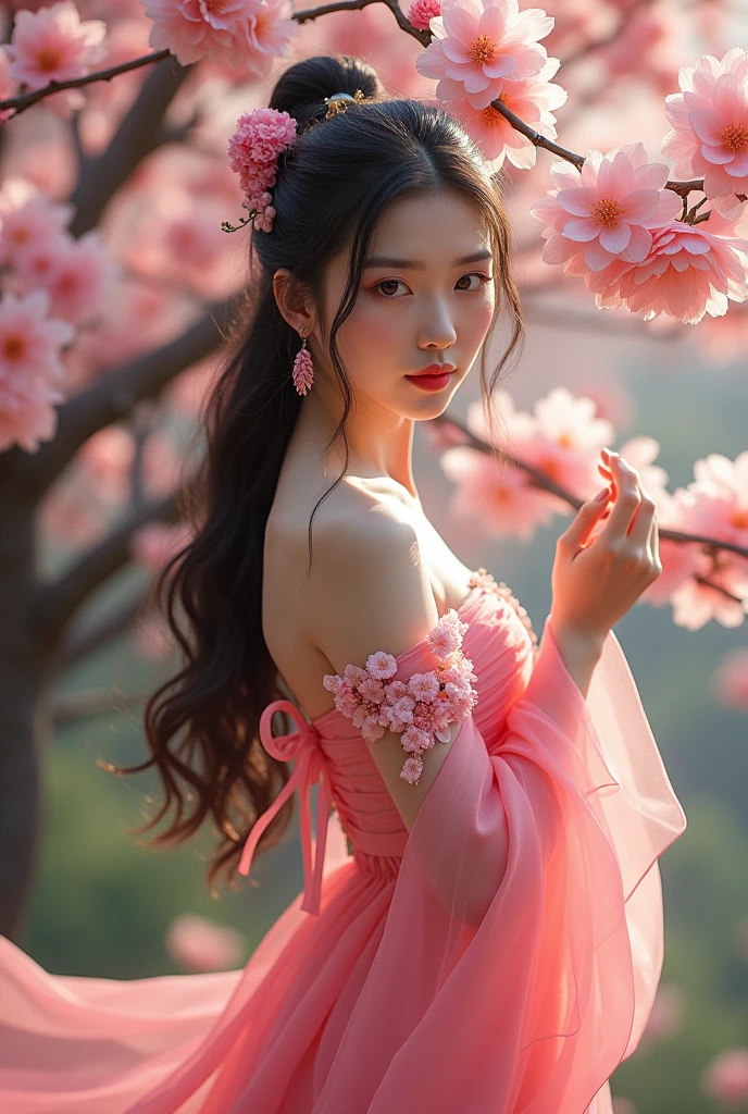 hot asian girl with peach blossom, wear pink, full body, long hair