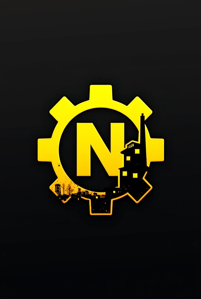 Make a logo using a gear and inside it there is a letter N and behind it a factory where the gear and the N are yellow and the factory behind is black.