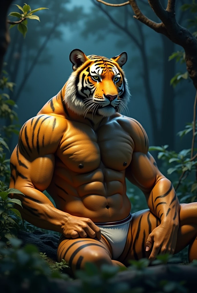 (photorealism:1.2), A muscular anthropomorphic yellow tiger wearing a thong lying in a forest at night about to take a bath 