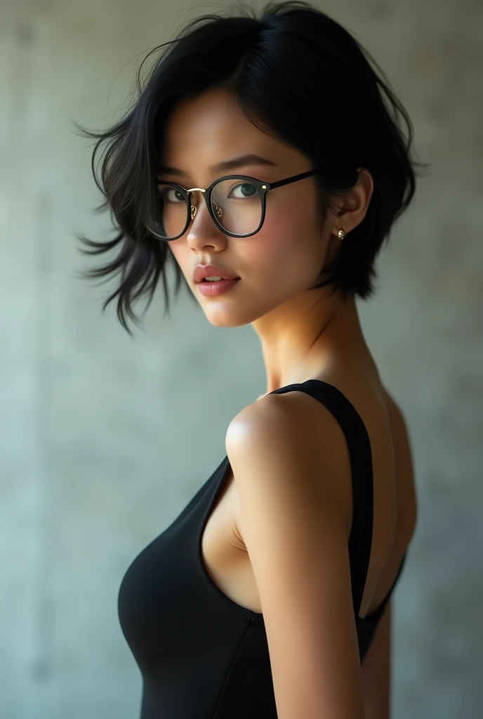 Half body photography of young beautiful lady, very short black hair in black dress turning sideways , wearing eyes glasses,looking straight to the camera.