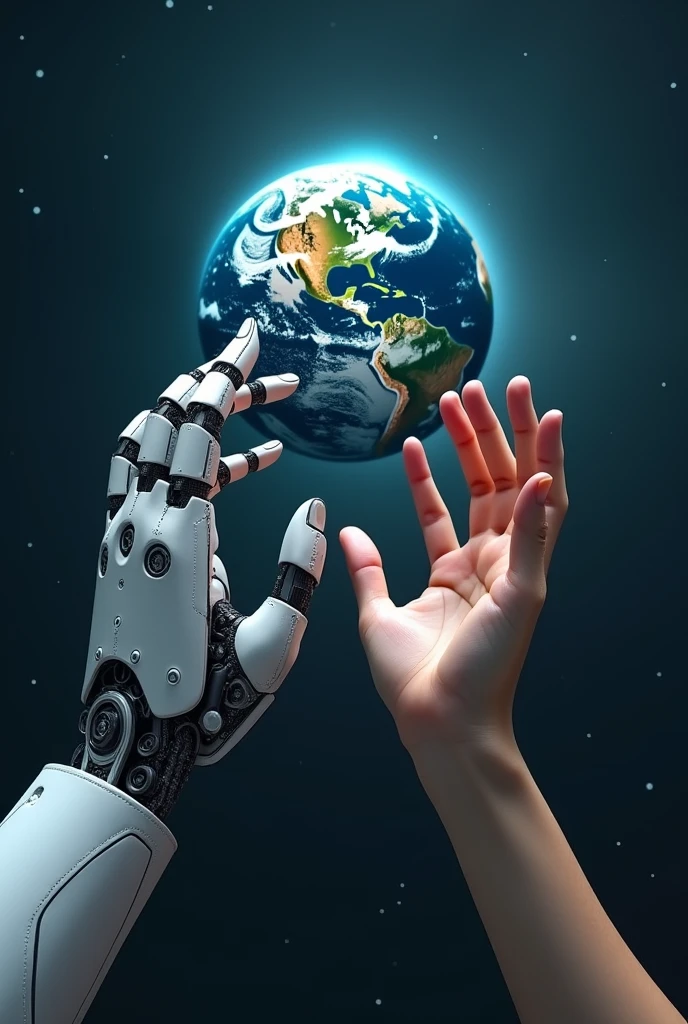 You can create a robotic hand and a human hand wanting to reach the planet Earth
