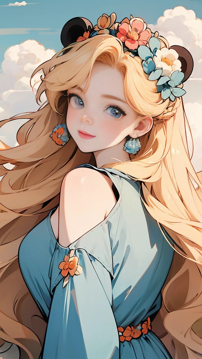 masterpiece, high quality, Movie stills, One person girl,Blonde,Sunflowers are worn on the head., Floating in the sky, Cloud Girl, cloud, (Cleavage close-up: 1.1), Bright, Cheerfulness, Interesting, Gentle soft lighting, (Bauhaus, shape, Line art, Abstracted: 1.1), Panda Ears,