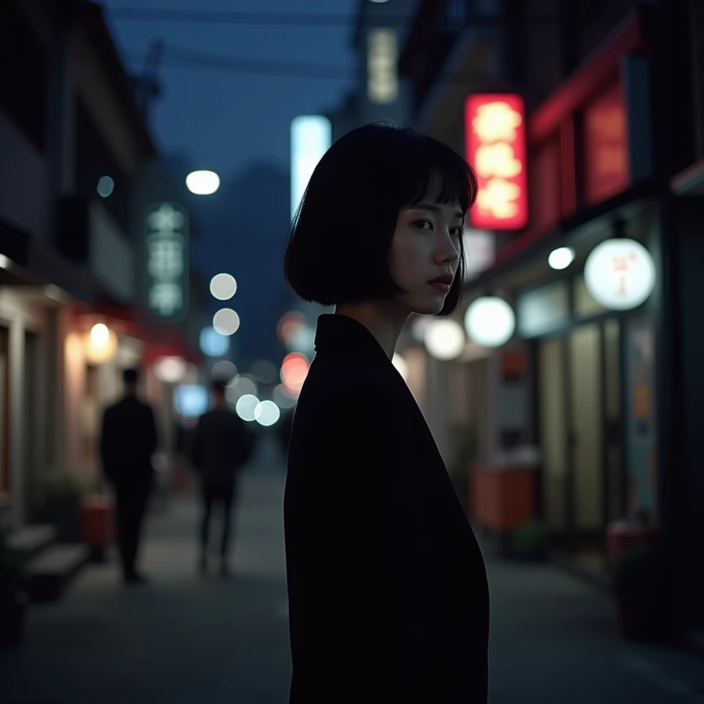 "Photo taken from behind of a young Korean woman with short bobbed hair, dressed elegantly, seen from the back on a Korean street at night, evoking a sense of travel."