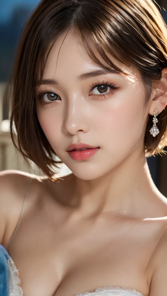 (Photorealistic, 32k, RAW photo, best quality:1.4), (masterpiece:1.3), (ultra high resolution, ultra realistic, highly detailed, golden ratio, ultra detailed), 1 beautiful woman, natural makeup, intricate cloth texture, finely detailed hair texture, beautiful full-body, perfect female form, anatomically accurate, highly detailed face and skin, (elegant hands), (realistic skin), (beautiful pale skin:1.1), (extreme close-up:2.0), (Oversized Breasts), (Wearing white Ball Gown:1.5), (Tiara, Earrings, Pendant),
BREAK,
realistic eyes, captivating detailed eyes, symmetric eyes, light brown eyes, double eyelids, thin eyebrows, (glossy lips:1.4), (kissable expression, blush:1.3),
BREAK,
((short bob cut, dark brown hair, bangs:1.2)), (Late Night, Moonlit night, Castle balcony:1.3)